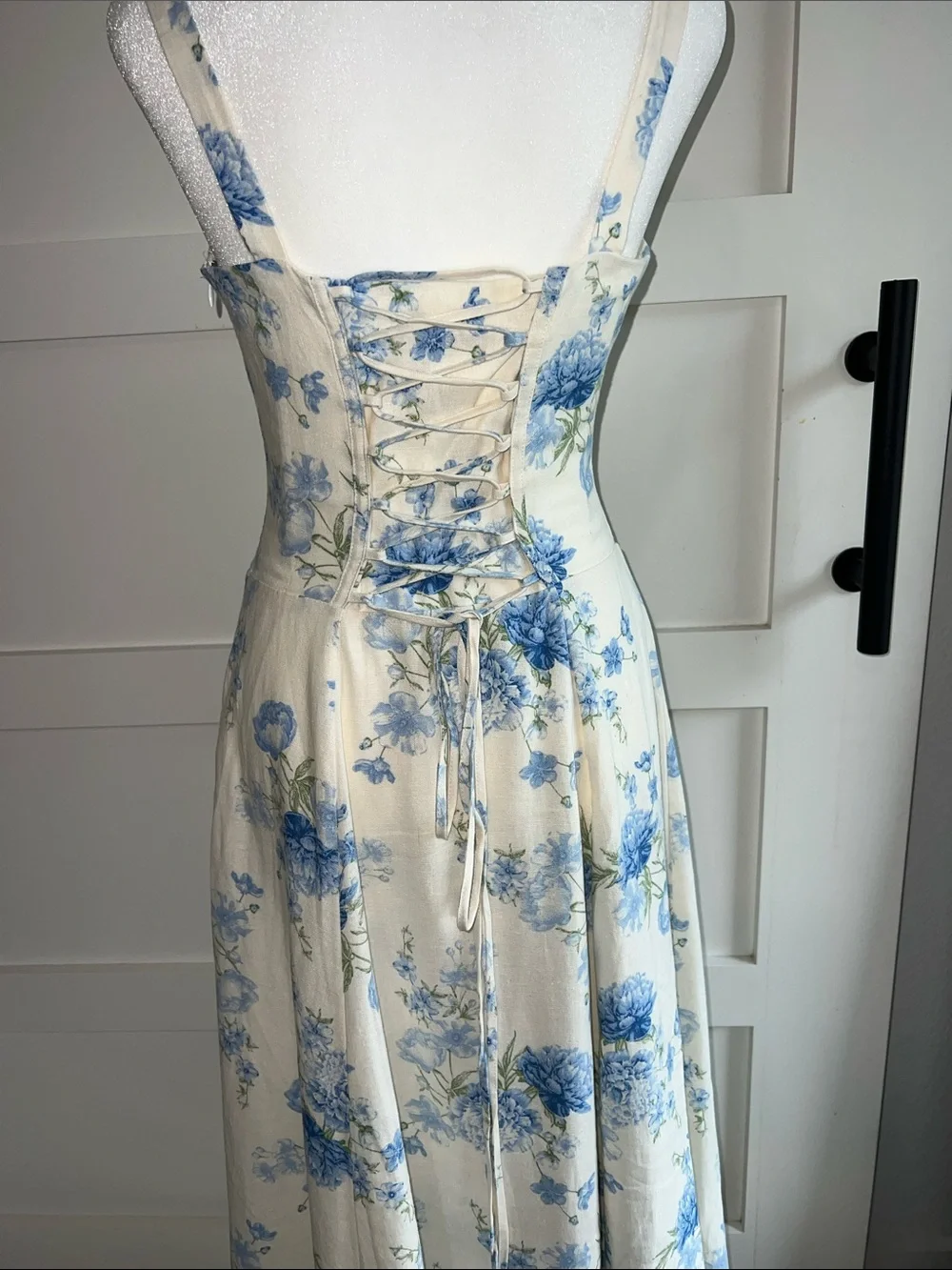 Blue Floral Cream Maxi Dress - Sleeveless Summer Dress - Picture 4 of 8